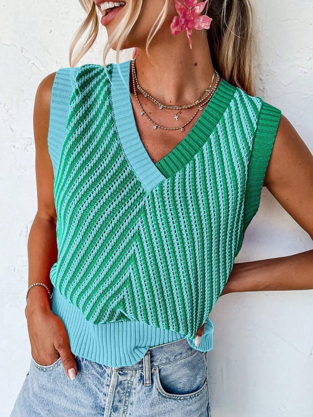 Green Casual Women's Striped V-Neck Sleeveless Knit Vest